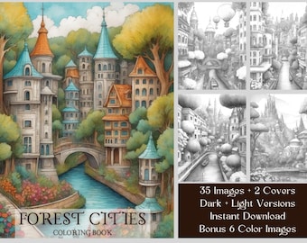 35 Forest Cities Coloring Pages, Grand Cities In Majestic Forests, Fantasy Grayscale Printable Coloring Book, Adult & Kids Coloring Book PDF