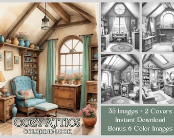 Libro da colorare Cozy Attics: 35 interni di casa stampabili (PDF stampabile)