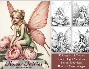 35 pages à colorier de fées - livre de coloriage fées des fleurs - petites fées et fleurs à colorier en niveaux de gris pour adultes - téléchargement immédiat