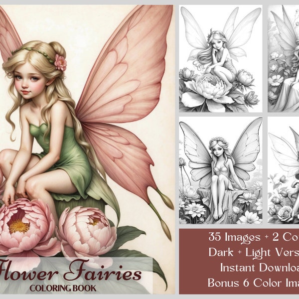 35 Fairy Coloring Pages - Flower Fairies Coloring Book - Little Fairies & Flowers Printable Grayscale Coloring For Adults - Instant Download