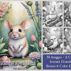 35 Animal Coloring Pages, Cute Garden Animals Coloring Book, Printable Grayscale Adult Coloring Pages, Woodland Creatures Coloring Book