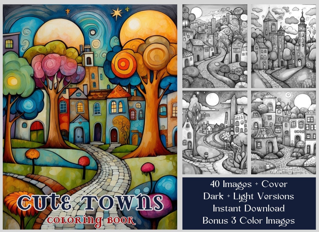 40 Cute Towns Coloring Pages â Whimsical Pop Art Grayscale Coloring Book for Adults and Kids