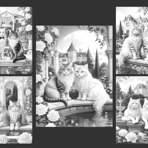 May include: A black and white illustration of two cats sitting on a stone wall in a garden setting. The cats are looking at each other and there is a large house in the background. The image is a coloring page.