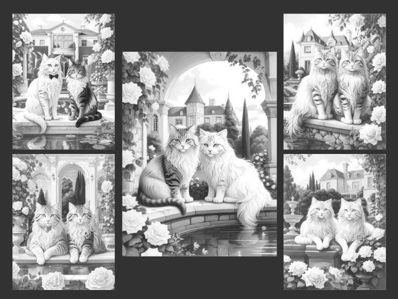 May include: A black and white illustration of two cats sitting on a stone wall in a garden setting. The cats are looking at each other and there is a large house in the background. The image is a coloring page.