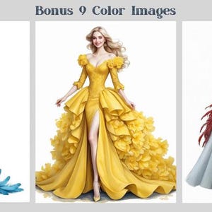 50 Fantasy Gowns Coloring Pages, Women In Elegant Dresses Coloring Book PDF, Grayscale Printable Dress Coloring, Feathered & Floral Gowns image 4