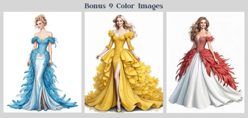 50 Fantasy Gowns Coloring Pages, Women In Elegant Dresses Coloring Book PDF, Grayscale Printable Dress Coloring, Feathered & Floral Gowns image 4