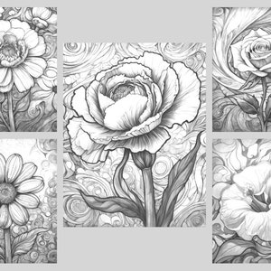 May include: A set of six black and white illustrations of different flowers, each with a swirling background. The flowers include a rose, a daisy, a peony, a hibiscus, and two other flowers.