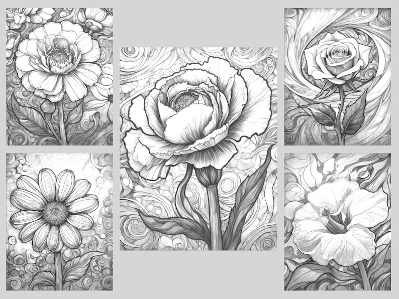 May include: A set of six black and white illustrations of different flowers, each with a swirling background. The flowers include a rose, a daisy, a peony, a hibiscus, and two other flowers.