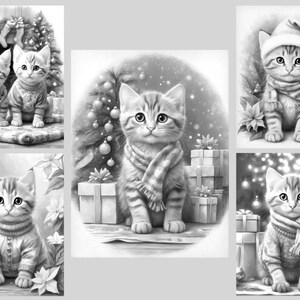 May include: A collection of five black and white illustrations featuring kittens in winter attire. The kittens are depicted with scarves and sweaters in festive settings with Christmas trees, wrapped gifts, and poinsettia flowers.