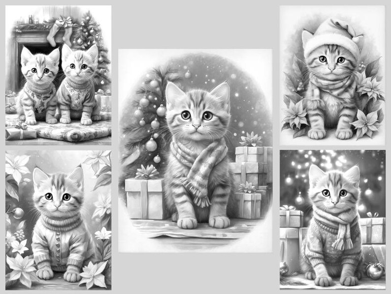 May include: A collection of five black and white illustrations featuring kittens in winter attire. The kittens are depicted with scarves and sweaters in festive settings with Christmas trees, wrapped gifts, and poinsettia flowers.