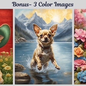 May include: Three digital paintings of a chihuahua dog. The first image shows the dog wearing a green cowboy hat and bandana against a red background. The second image shows the dog jumping in a lake with mountains in the background. The third image shows the dog lying down in a field of pink and blue flowers.