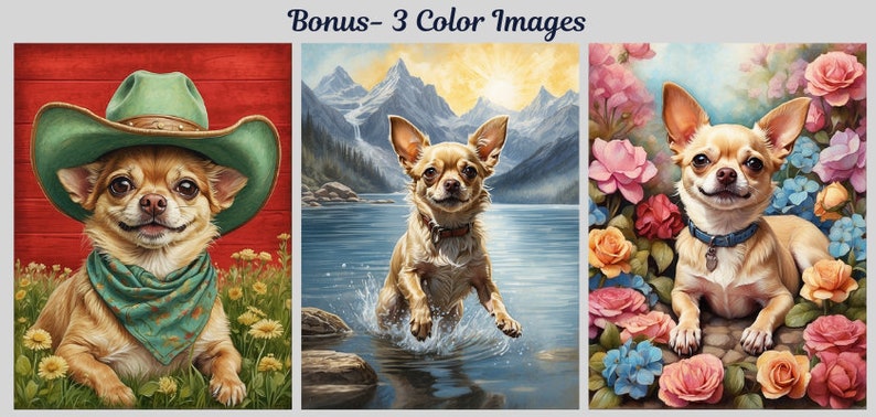 May include: Three digital paintings of a chihuahua dog. The first image shows the dog wearing a green cowboy hat and bandana against a red background. The second image shows the dog jumping in a lake with mountains in the background. The third image shows the dog lying down in a field of pink and blue flowers.