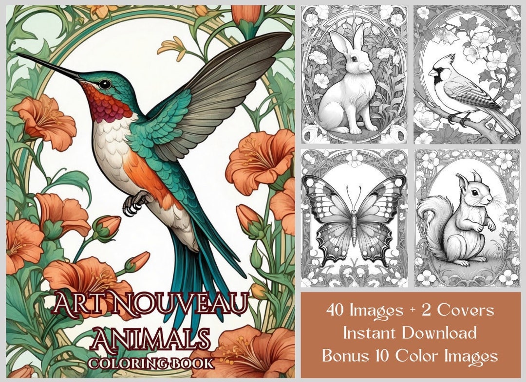 40 Animal Coloring Pages, Art Nouveau Vintage Animals Coloring Book ...