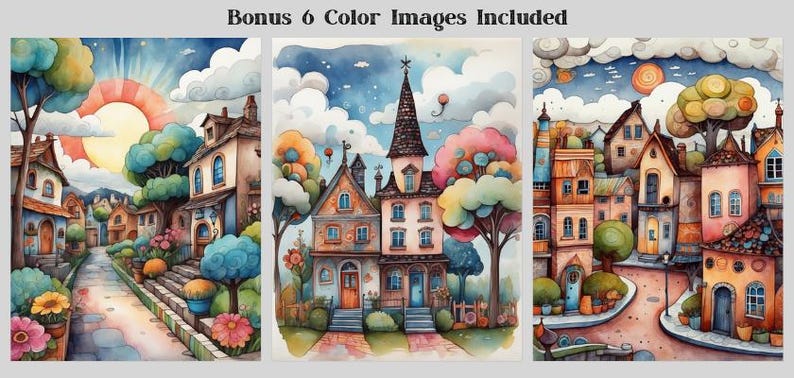 Whimsical Towns Coloring Book: Folk Art Grayscale (printable PDF) - Etsy