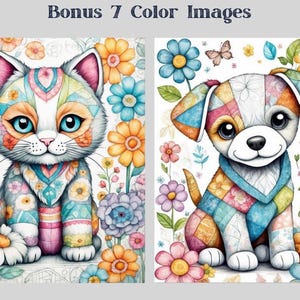 May include: Two colorful illustrations of a cat and a dog. The cat is sitting with its paws tucked under its body. The dog is sitting with its paws forward. Both animals are surrounded by flowers.
