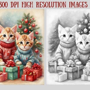 May include: Watercolor illustration of two kittens wearing sweaters, sitting in front of a Christmas tree with ornaments. Presents with red bows are in front of the kittens. The text "300 DPI HIGH RESOLUTION IMAGES" is at the top.