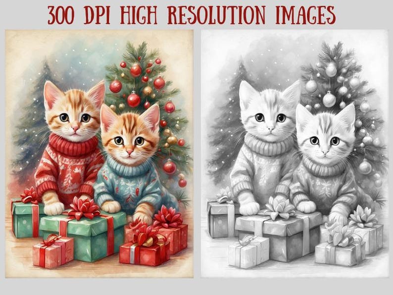 May include: Watercolor illustration of two kittens wearing sweaters, sitting in front of a Christmas tree with ornaments. Presents with red bows are in front of the kittens. The text "300 DPI HIGH RESOLUTION IMAGES" is at the top.