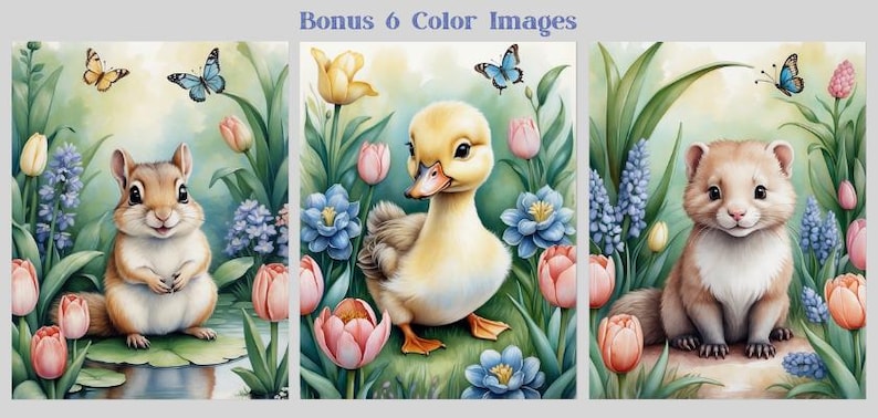 May include: Three illustrations of animals in a garden setting. A brown and white chipmunk sits on a lily pad, a yellow duckling stands in a bed of pink and blue flowers, and a brown and white ferret sits on a rock.