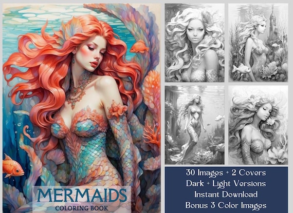 Mermaids Coloring Book: 30 Fantasy Grayscale Pages, Ocean Life, Printable PDF