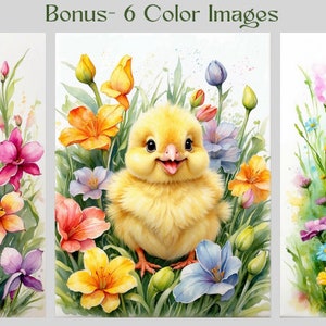 May include: Three watercolour illustrations of cute animals in a field of flowers. A brown squirrel with a bushy tail, a yellow chick with a bright orange beak, and a brown hamster with a pink nose.