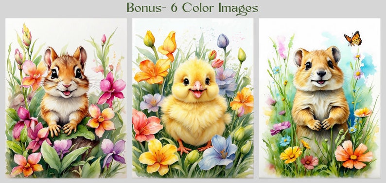 May include: Three watercolour illustrations of cute animals in a field of flowers. A brown squirrel with a bushy tail, a yellow chick with a bright orange beak, and a brown hamster with a pink nose.