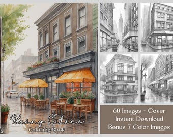 Rainy Cityscape Coloring Book: Grayscale Urban Architecture (PDF Download, 60 Pages)