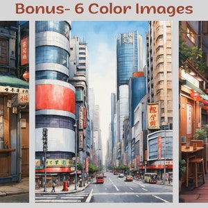 May include: Three watercolor illustrations of a Japanese city street scene. The first image shows a small shop with a red sign that says "金田商店". The second image shows a street lined with tall buildings. The third image shows a narrow alleyway with red lanterns hanging overhead.