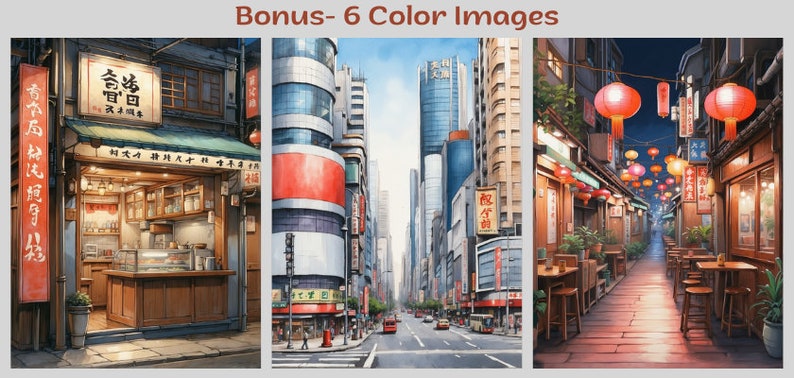 May include: Three watercolor illustrations of a Japanese city street scene. The first image shows a small shop with a red sign that says "金田商店". The second image shows a street lined with tall buildings. The third image shows a narrow alleyway with red lanterns hanging overhead.