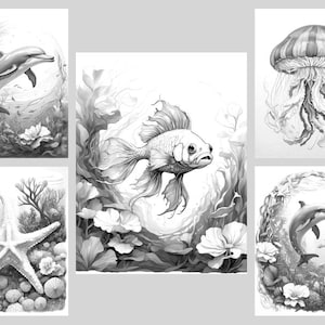 May include: A black and white coloring page featuring a variety of sea creatures, including a dolphin, a jellyfish, a starfish, and a fish. The creatures are surrounded by seaweed and other underwater plants.