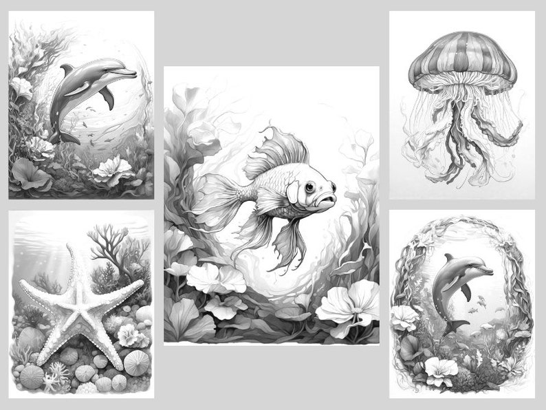 May include: A black and white coloring page featuring a variety of sea creatures, including a dolphin, a jellyfish, a starfish, and a fish. The creatures are surrounded by seaweed and other underwater plants.