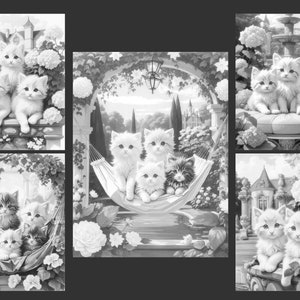 May include: A black and white illustration of five kittens in a garden setting. Three kittens are sitting on a stone wall, one is in a hammock, and two are sitting on a stone bench.