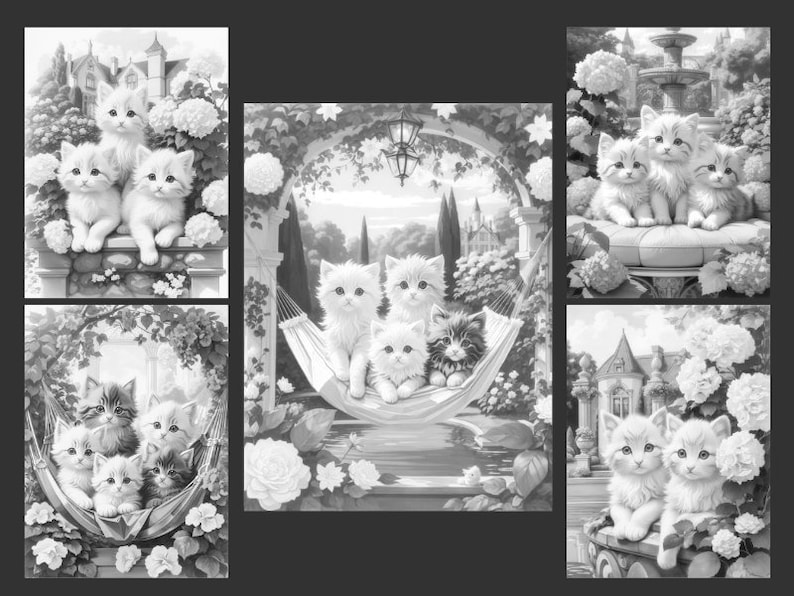 May include: A black and white illustration of five kittens in a garden setting. Three kittens are sitting on a stone wall, one is in a hammock, and two are sitting on a stone bench.