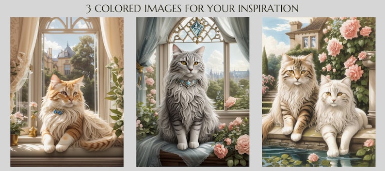 May include: Three images of fluffy cats with blue jeweled collars. The first cat is orange and white, sitting on a windowsill with a view of a building and trees. The second cat is gray and white, sitting on a windowsill with a view of a city. The third cat is brown and white, sitting on a stone ledge with a view of a garden and a house.