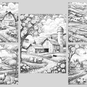 K&ouml;nnte beinhalten: Eine Schwarzwei&szlig;illustration einer l&auml;ndlichen Landschaft mit Bauernh&auml;usern, Scheunen, sanften H&uuml;geln und gewundenen Wegen. Die Illustration zeigt eine Vielzahl von B&auml;umen, Blumen und Tieren, darunter K&uuml;he, Schafe und V&ouml;gel.
