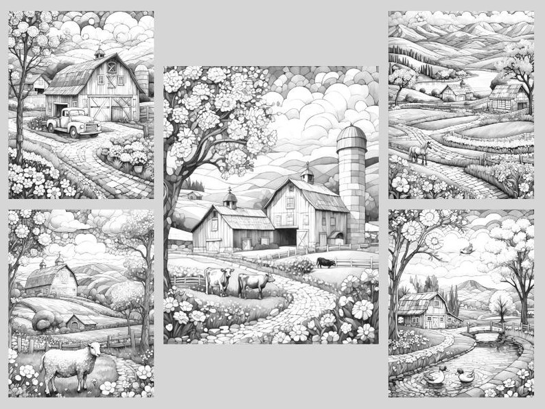 K&ouml;nnte beinhalten: Eine Schwarzwei&szlig;illustration einer l&auml;ndlichen Landschaft mit Bauernh&auml;usern, Scheunen, sanften H&uuml;geln und gewundenen Wegen. Die Illustration zeigt eine Vielzahl von B&auml;umen, Blumen und Tieren, darunter K&uuml;he, Schafe und V&ouml;gel.