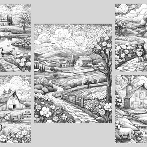 K&ouml;nnte beinhalten: Eine Schwarzwei&szlig;illustration einer l&auml;ndlichen Szene mit einer kurvigen Stra&szlig;e, Bauernh&auml;usern und einer Windm&uuml;hle. Die Illustration ist in f&uuml;nf Abschnitte unterteilt, die jeweils einen anderen Teil der Landschaft darstellen.