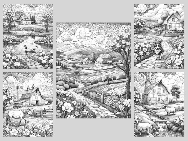 K&ouml;nnte beinhalten: Eine Schwarzwei&szlig;illustration einer l&auml;ndlichen Szene mit einer kurvigen Stra&szlig;e, Bauernh&auml;usern und einer Windm&uuml;hle. Die Illustration ist in f&uuml;nf Abschnitte unterteilt, die jeweils einen anderen Teil der Landschaft darstellen.