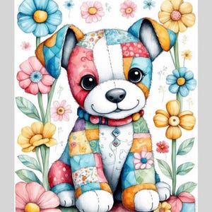 May include: A colorful patchwork dog sitting on a quilt with flowers around it. The dog has a white face with black eyes and a black nose. The dog is wearing a red and white collar with a blue gem.