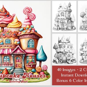 40 Cupcake Houses Coloring Book, Printable Fun House Coloring Book For Adults Or Kids, Grayscale House Coloring Pages, Fantasy Coloring Book