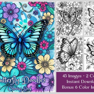 45 Butterfly Coloring Pages, Butterfly Doodles Sketchbook Style Butterflies & Flowers Coloring Book, Printable Grayscale Butterfly Coloring