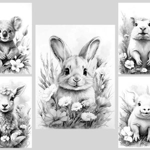 May include: Five black and white illustrations of animals in a field of flowers. The animals are a koala, a rabbit, a guinea pig, a lamb, and a pig.