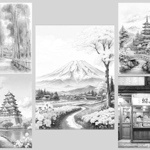 May include: A collection of five black and white illustrations depicting various scenes from Japan. The illustrations include a bamboo forest, a mountain range, a pagoda, a bridge, and a street scene with a shop.