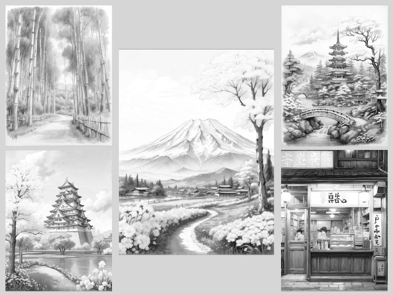 May include: A collection of five black and white illustrations depicting various scenes from Japan. The illustrations include a bamboo forest, a mountain range, a pagoda, a bridge, and a street scene with a shop.