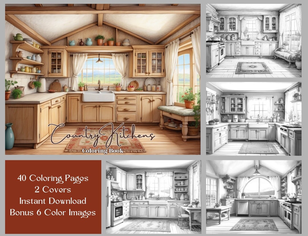 40 Interior Coloring Pages, Country Kitchens Coloring Book, Craftsman ...
