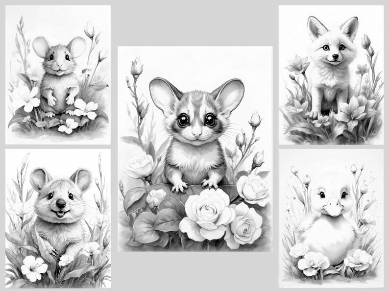 Baby Animals Coloring Book: 30 Grayscale Coloring Pages, Printable PDF, Digital Download image 7
