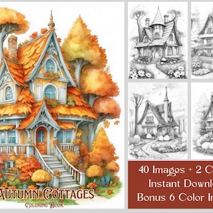 40 Cottage Coloring Pages, Cozy Cute Cottages Grayscale Coloring Book, Printable PDF Cottage Coloring Book For Adults, Instant Download
