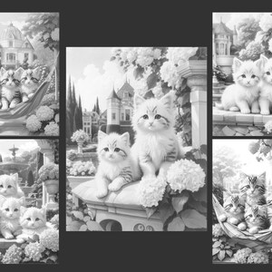 May include: A black and white illustration of a group of kittens in a garden setting. The kittens are in a hammock, on a stone wall, and on a fountain. The garden has a fountain, flowers, and a large house in the background.
