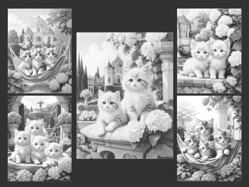 May include: A black and white illustration of a group of kittens in a garden setting. The kittens are in a hammock, on a stone wall, and on a fountain. The garden has a fountain, flowers, and a large house in the background.