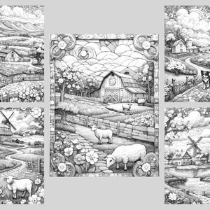 K&ouml;nnte beinhalten: Ein Satz von f&uuml;nf Schwarzwei&szlig;illustrationen, die eine l&auml;ndliche Landschaft mit einem Scheunen, einer Windm&uuml;hle, Schafen und gewundenen Wegen darstellen. Die Illustrationen sind mit einem dekorativen Rahmen versehen.