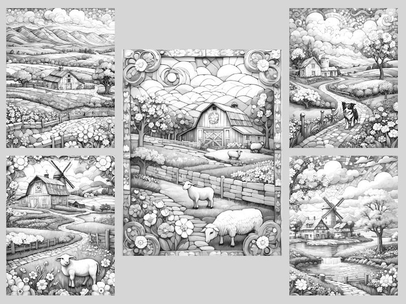 K&ouml;nnte beinhalten: Ein Satz von f&uuml;nf Schwarzwei&szlig;illustrationen, die eine l&auml;ndliche Landschaft mit einem Scheunen, einer Windm&uuml;hle, Schafen und gewundenen Wegen darstellen. Die Illustrationen sind mit einem dekorativen Rahmen versehen.